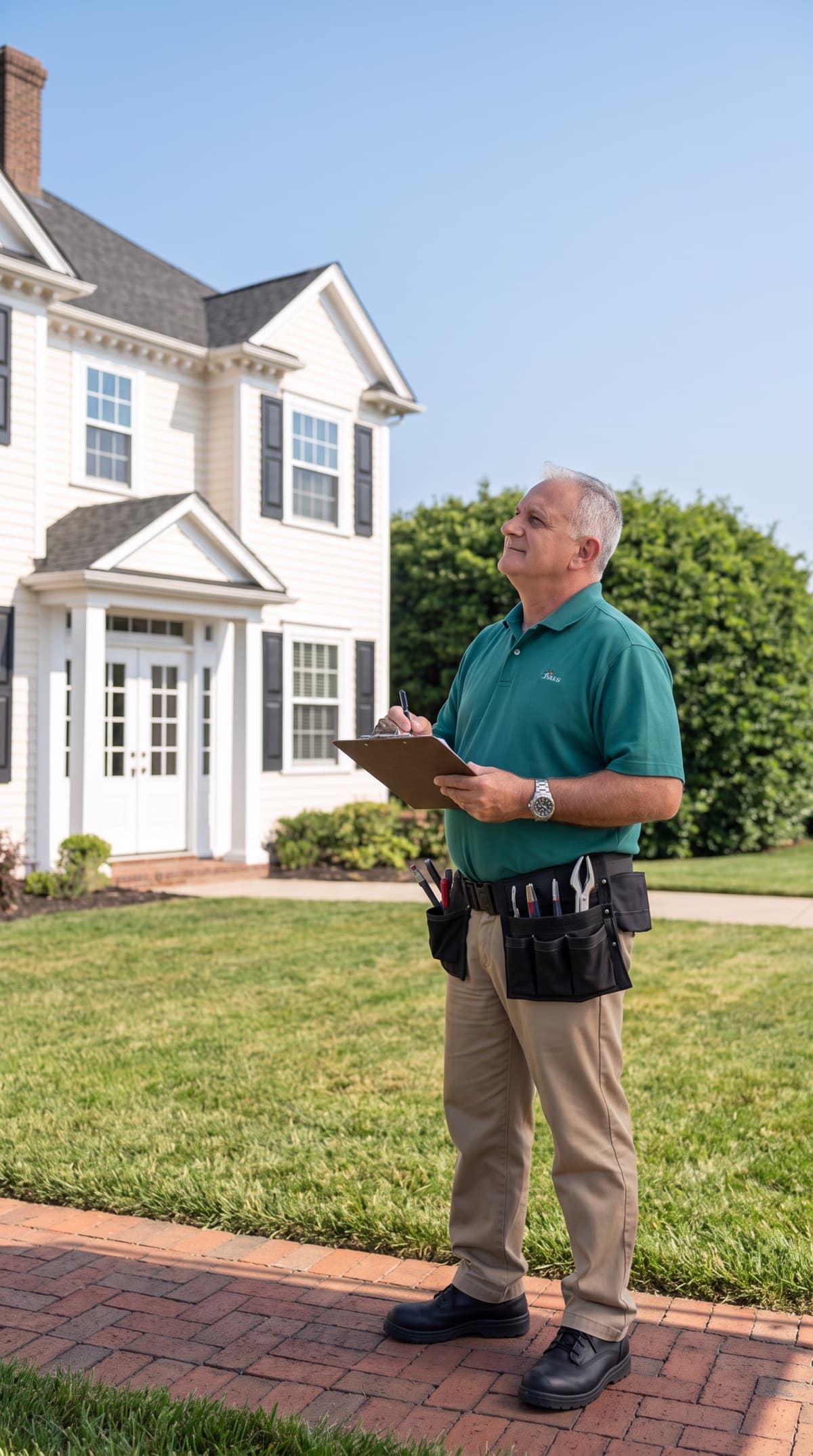 Jim Gentile inspecting the exterior of a Long Island home in daylight, noting findings on his clipboard