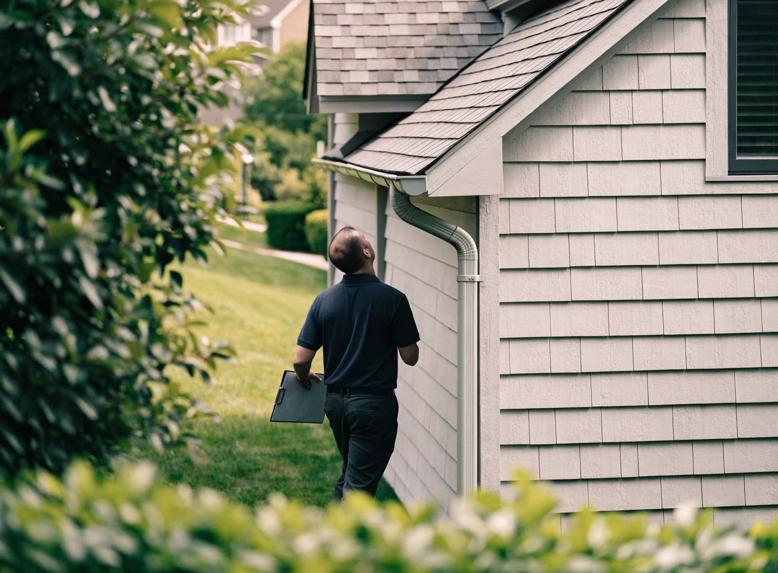 Home inspector walking a house perimeter, checking the roofline, gutters and downspout from the ground